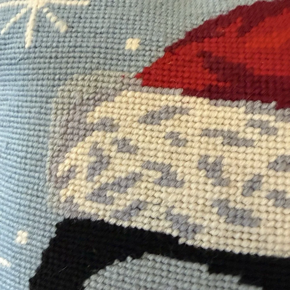 Needlepoint Penguin Christmas Holiday Pillow w/ Red Velvet Back 12
